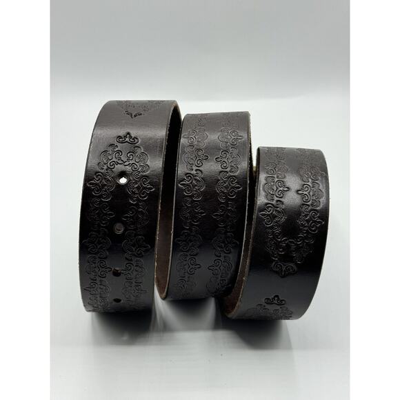 Allison Daniel Designs Brown Tooled Leather Belt Navy Gold Lobster Buckle Sz 38 - Picture 2 of 8